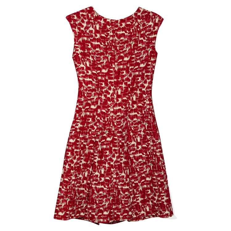 Pre Owned CH Carolina Herrera Red Wool Jacquard Paneled Pleated Dress S