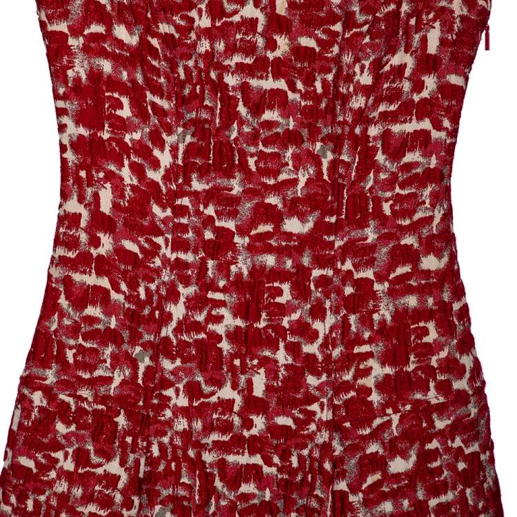 Pre Owned CH Carolina Herrera Red Wool Jacquard Paneled Pleated Dress S