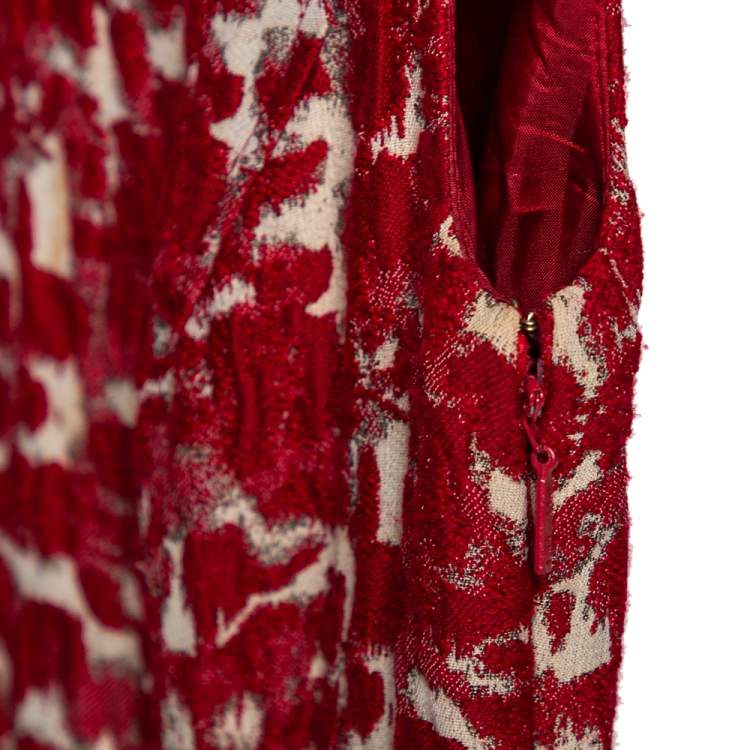 Pre Owned CH Carolina Herrera Red Wool Jacquard Paneled Pleated Dress S