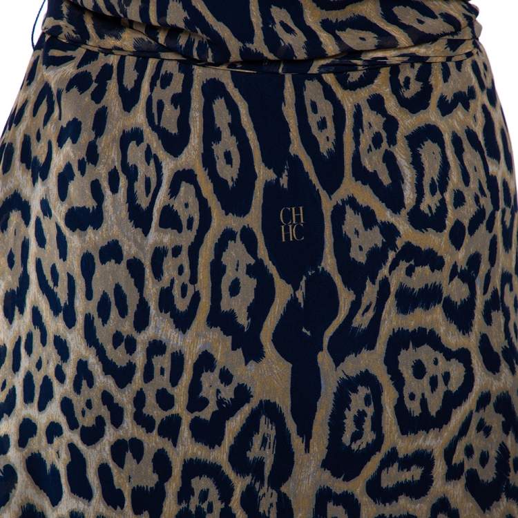 Pre Owned CH Carolina Herrera Blue Silk Ruffled Detail Leopard Print Belted Dress L