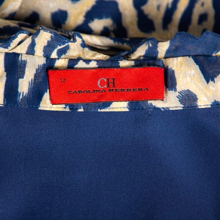 Pre Owned CH Carolina Herrera Blue Silk Ruffled Detail Leopard Print Belted Dress L
