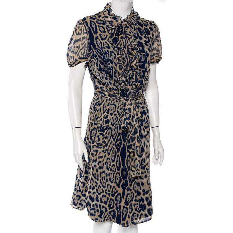 Pre Owned CH Carolina Herrera Blue Silk Ruffled Detail Leopard Print Belted Dress L