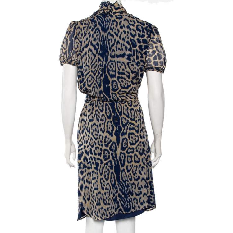 Pre Owned CH Carolina Herrera Blue Silk Ruffled Detail Leopard Print Belted Dress L