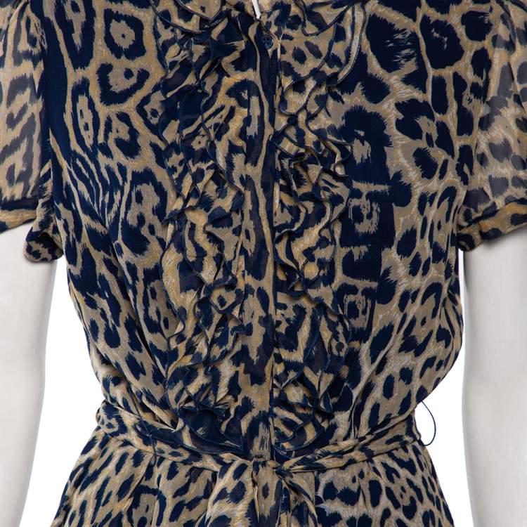 Pre Owned CH Carolina Herrera Blue Silk Ruffled Detail Leopard Print Belted Dress L