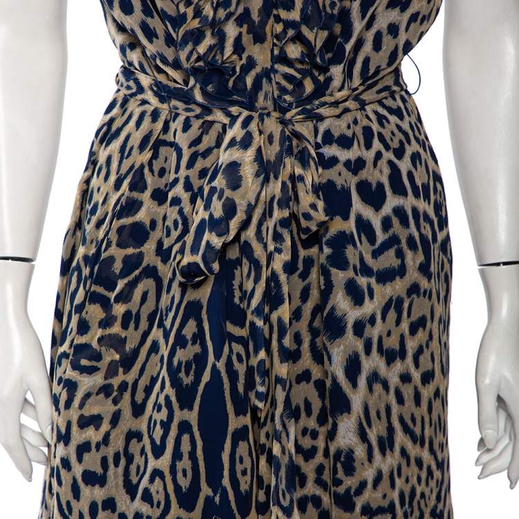 Pre Owned CH Carolina Herrera Blue Silk Ruffled Detail Leopard Print Belted Dress L