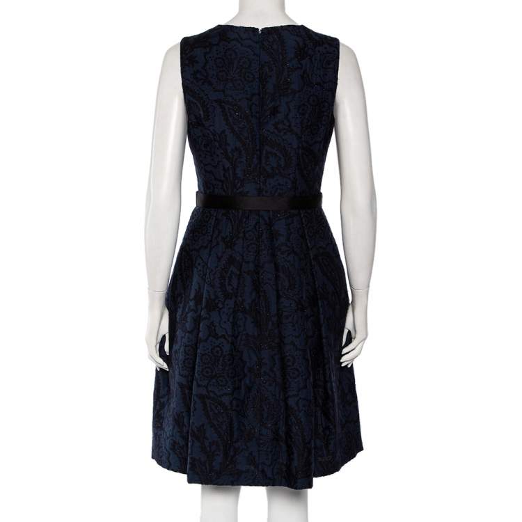 Pre Owned CH Carolina Herrera Navy Blue Brocade Pleated Detail Mini Dress M