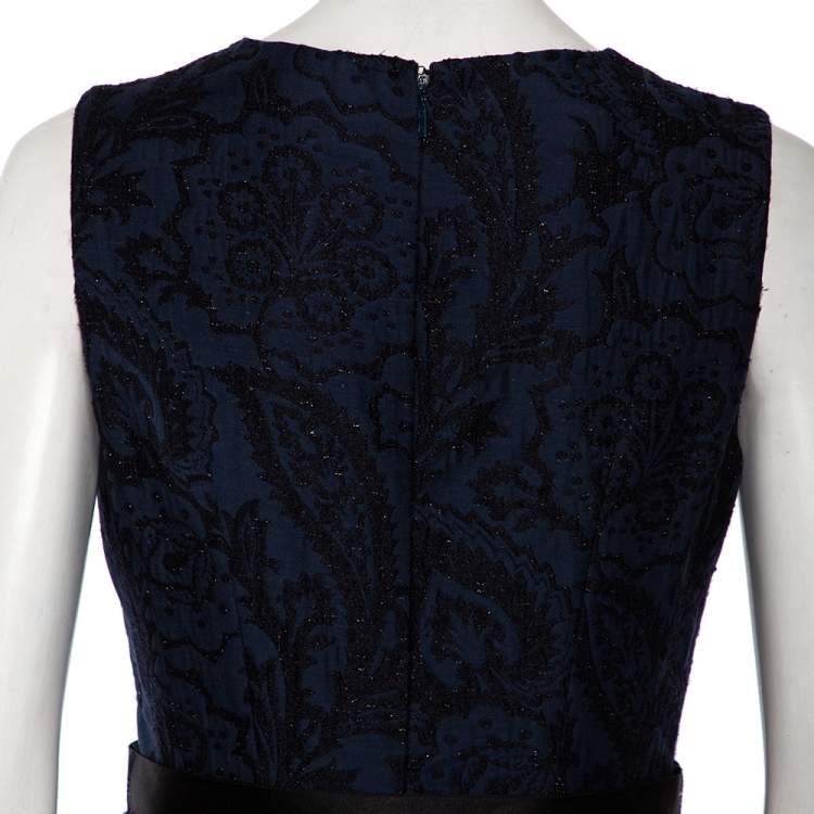Pre Owned CH Carolina Herrera Navy Blue Brocade Pleated Detail Mini Dress M