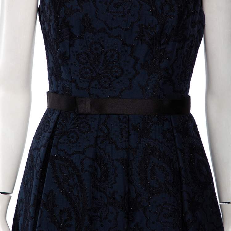 Pre Owned CH Carolina Herrera Navy Blue Brocade Pleated Detail Mini Dress M