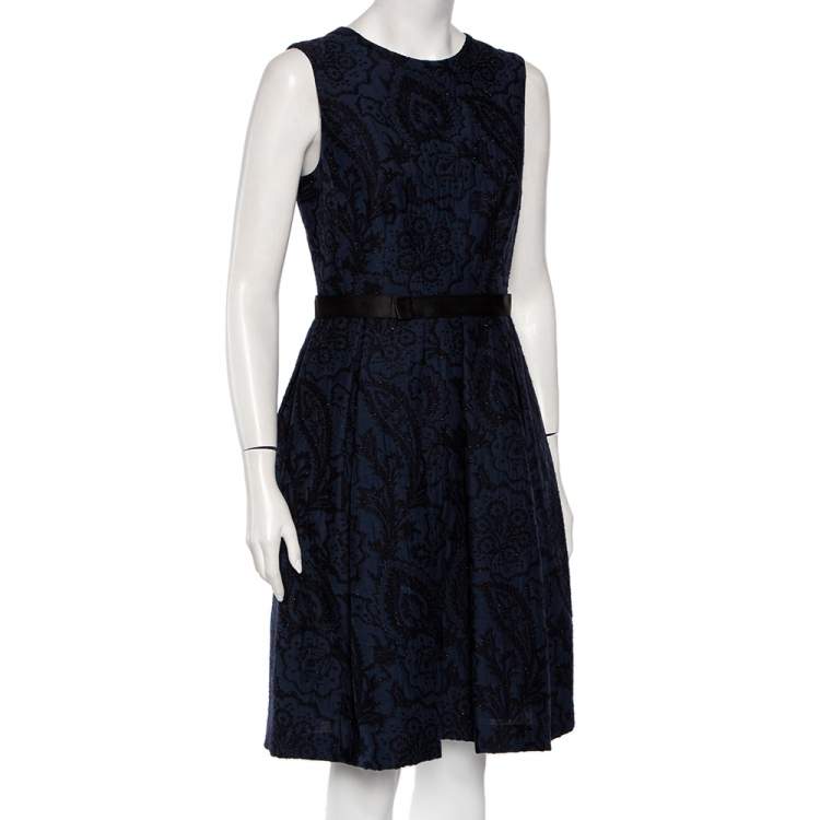 Pre Owned CH Carolina Herrera Navy Blue Brocade Pleated Detail Mini Dress M