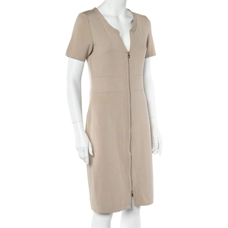Pre Owned CH Carolina Herrera Beige Knit Zip Front Fitted Dress M