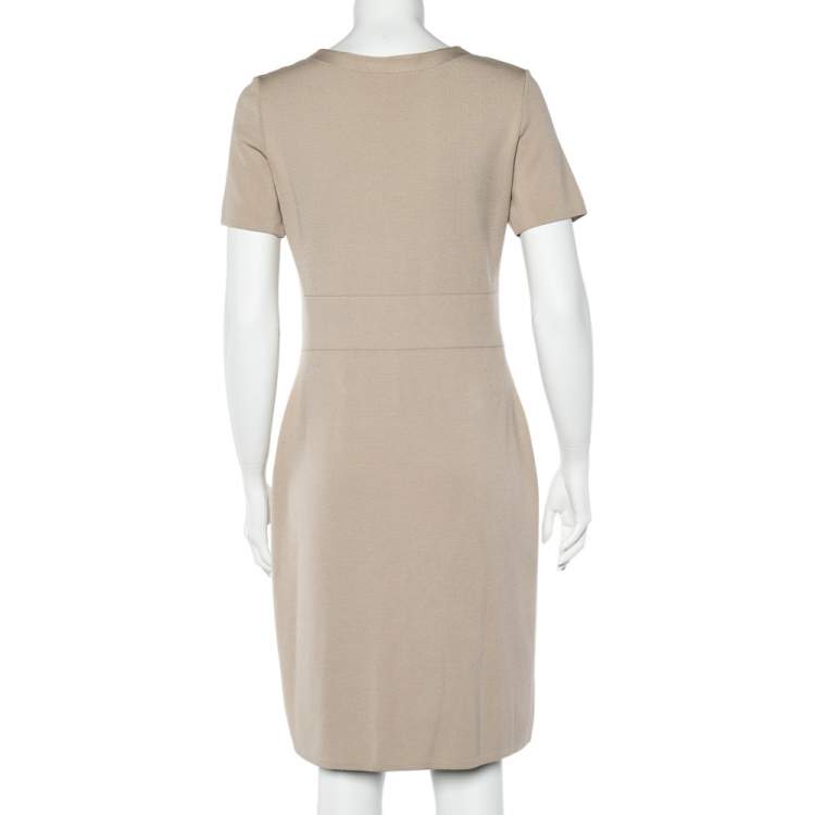 Pre Owned CH Carolina Herrera Beige Knit Zip Front Fitted Dress M