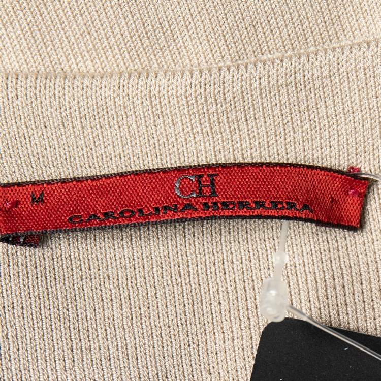 Pre Owned CH Carolina Herrera Beige Knit Zip Front Fitted Dress M