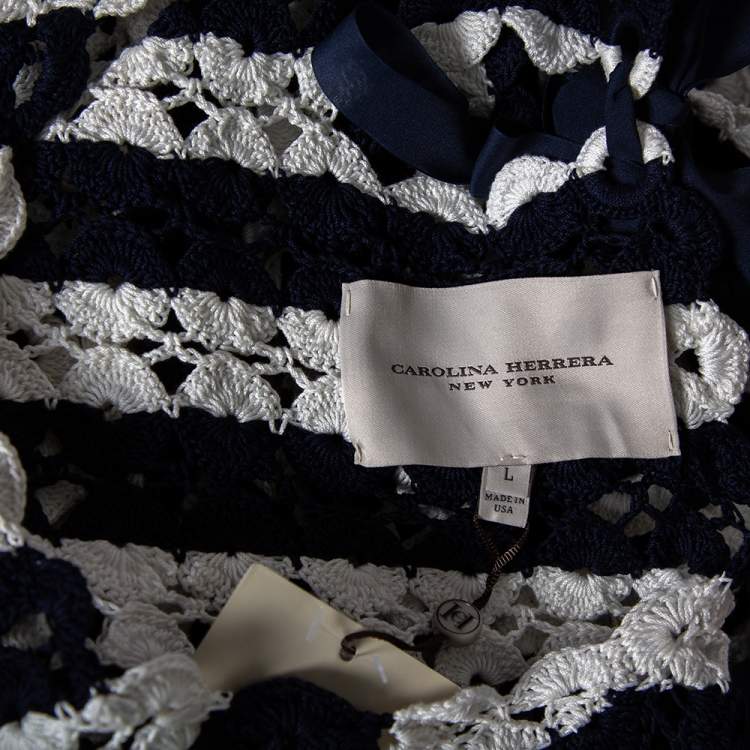 Pre Owned CH Carolina Herrera Navy Blue Striped Crochet Knit Tie Detail Mini Dress L