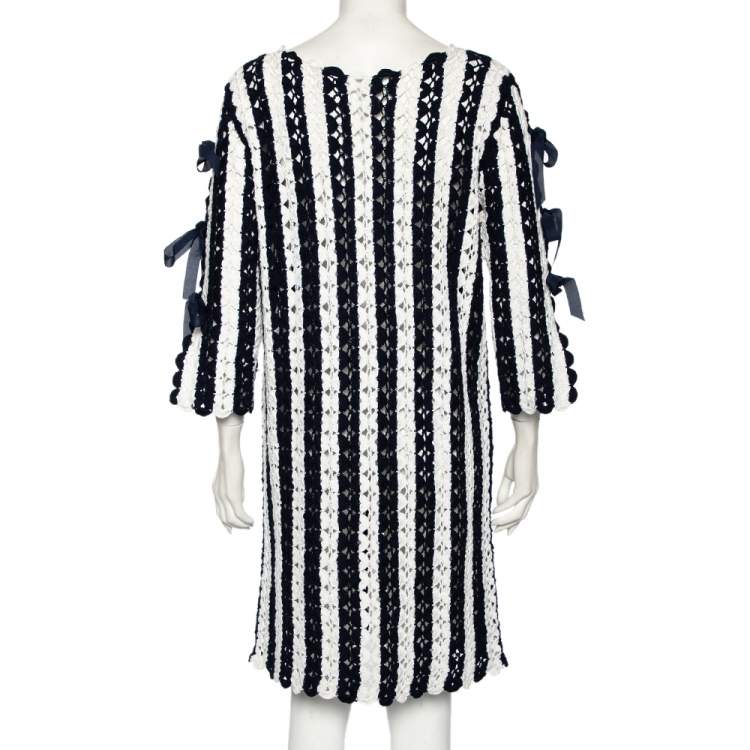 Pre Owned CH Carolina Herrera Navy Blue Striped Crochet Knit Tie Detail Mini Dress L