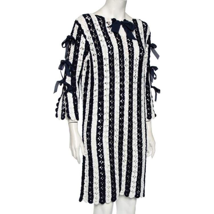 Pre Owned CH Carolina Herrera Navy Blue Striped Crochet Knit Tie Detail Mini Dress L