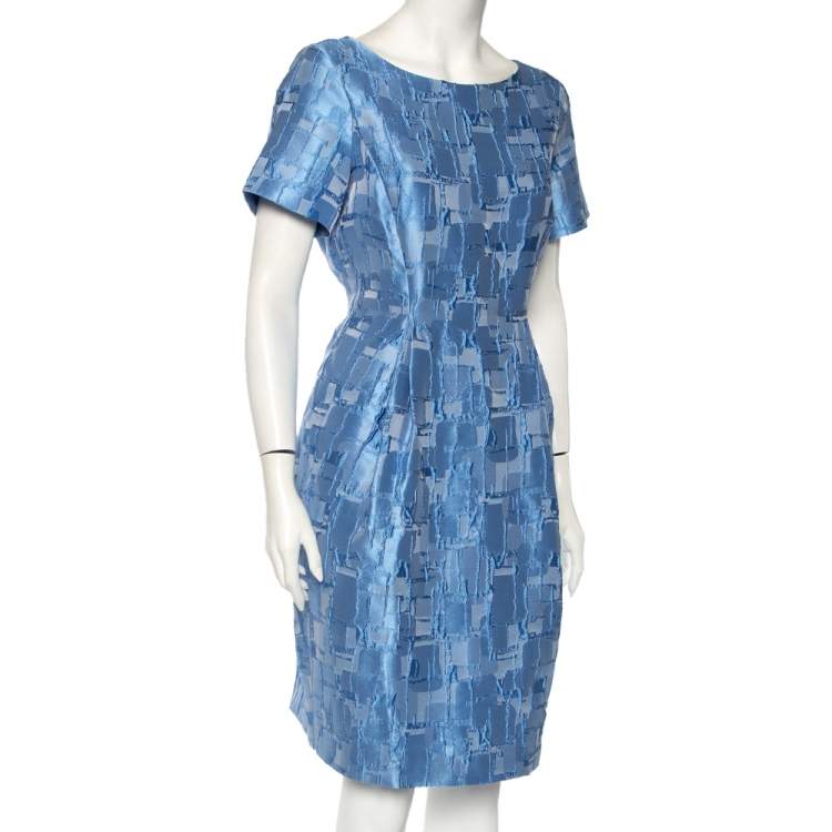 Pre Owned CH Carolina Herrera Blue Textured Silk Flared Mini Dress L
