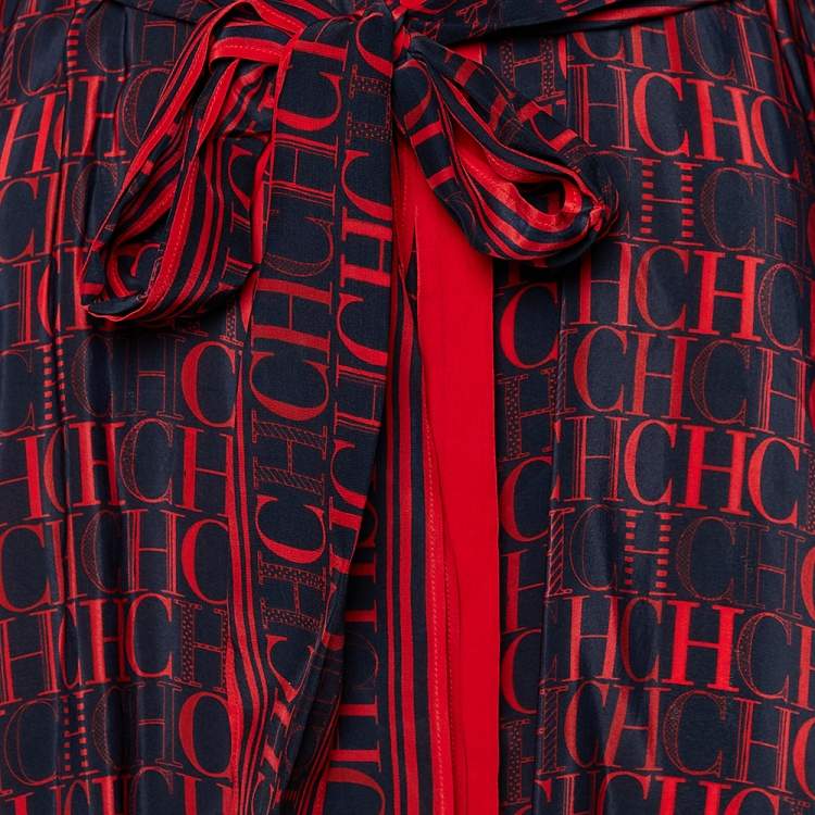 Pre Owned CH Carolina Herrera Navy Blue Logo Print Crepe Belted Dress XS