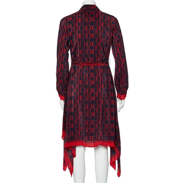 Pre Owned CH Carolina Herrera Navy Blue Logo Print Crepe Belted Dress XS