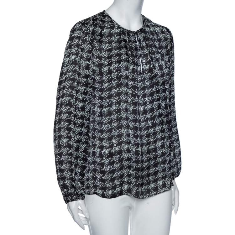 مملوكة مسبقًا CH Carolina Herrera Monochrome Geometric Print Silk Blouse L