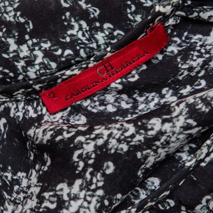 مملوكة مسبقًا CH Carolina Herrera Monochrome Geometric Print Silk Blouse L