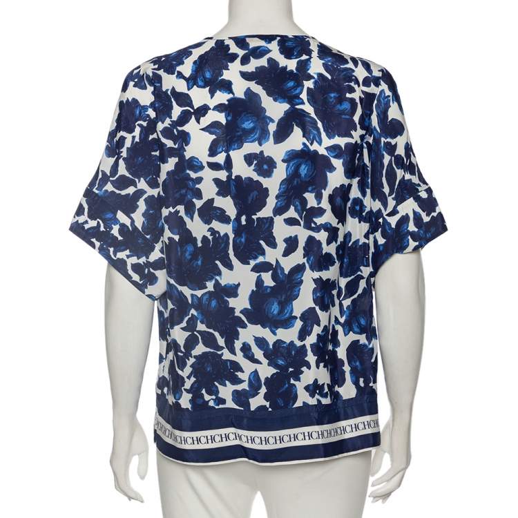 Pre Owned CH Carolina Herrera Blue Floral Print Silk Short Sleeve Blouse S