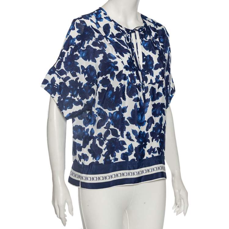 Pre Owned CH Carolina Herrera Blue Floral Print Silk Short Sleeve Blouse S