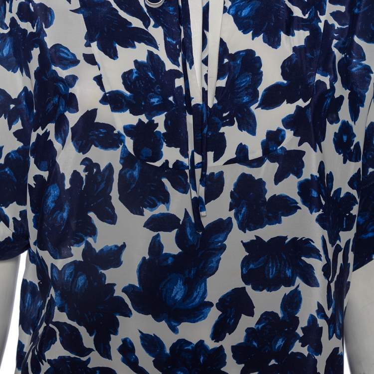 Pre Owned CH Carolina Herrera Blue Floral Print Silk Short Sleeve Blouse S