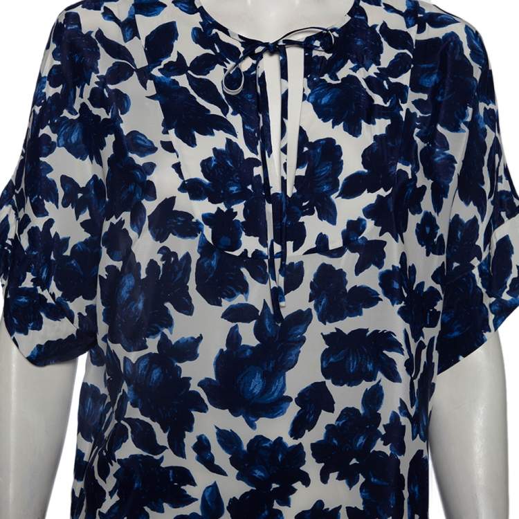 Pre Owned CH Carolina Herrera Blue Floral Print Silk Short Sleeve Blouse S