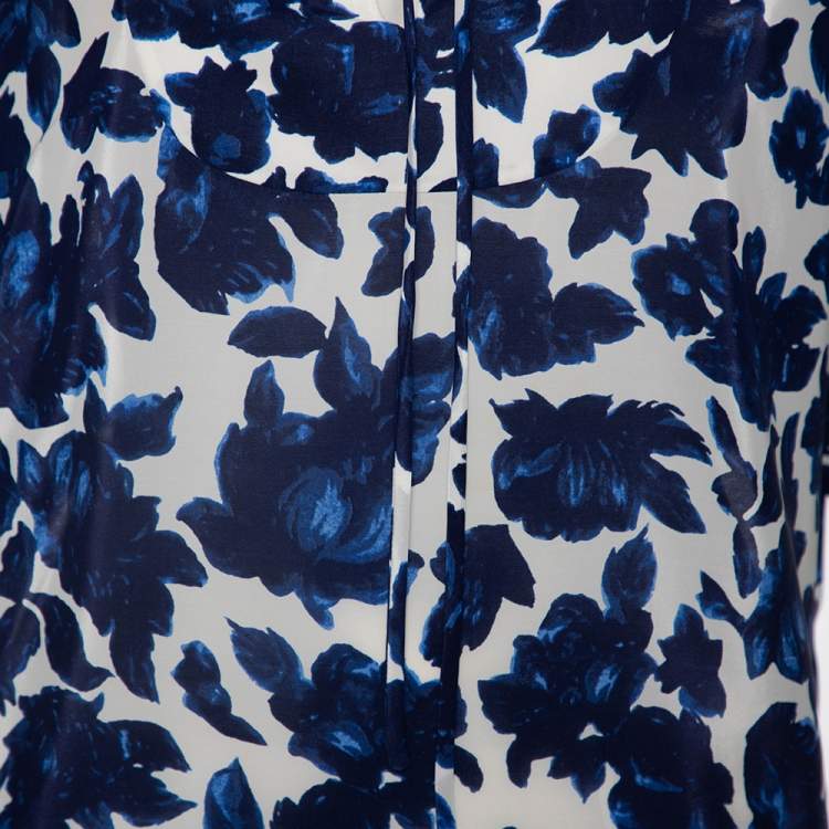 Pre Owned CH Carolina Herrera Blue Floral Print Silk Short Sleeve Blouse S
