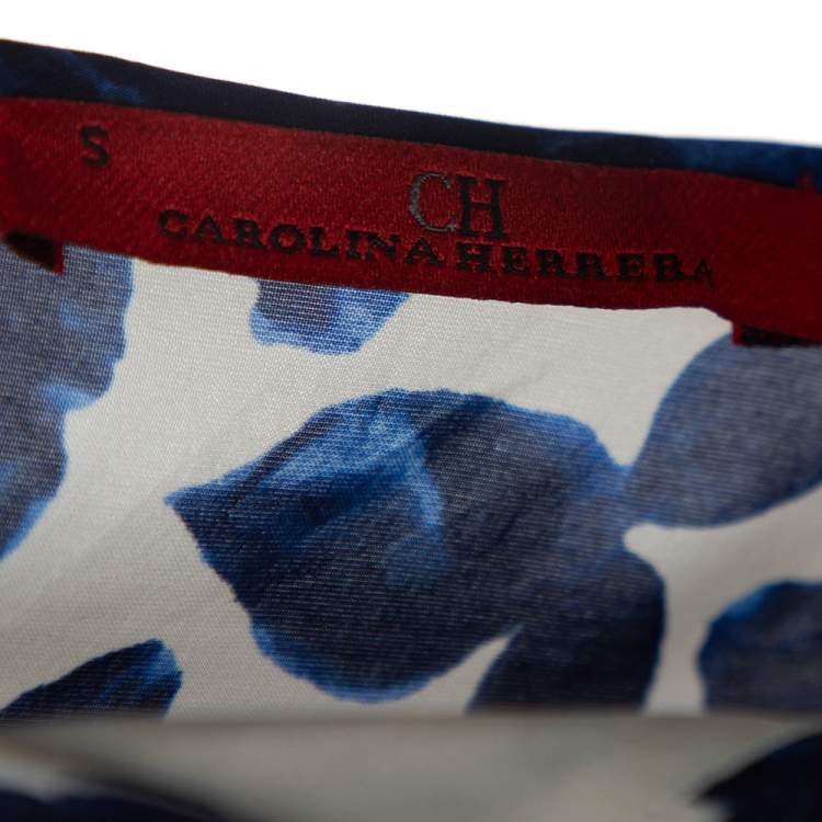 Pre Owned CH Carolina Herrera Blue Floral Print Silk Short Sleeve Blouse S