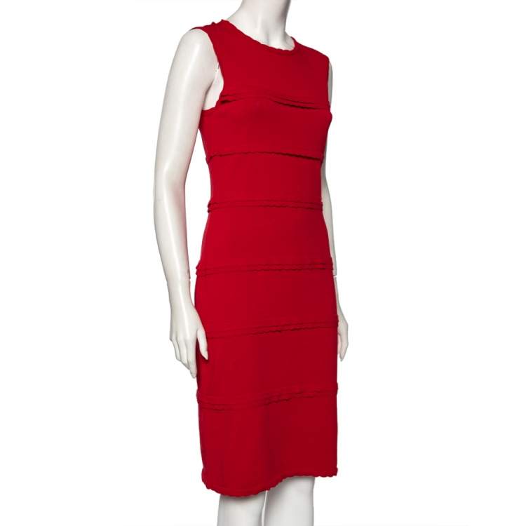 Pre Owned CH Carolina Herrera Red Knit Frill Detailed Sleeveless Dress M