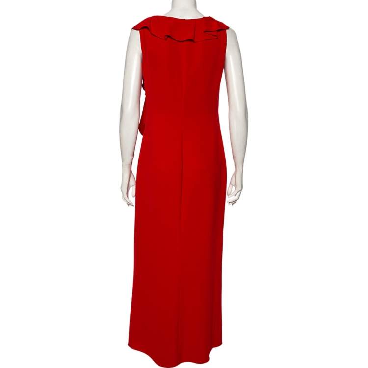 Pre Owned CH Carolina Herrera Red Crepe Ruffle Detail Sleeveless Maxi Dress M