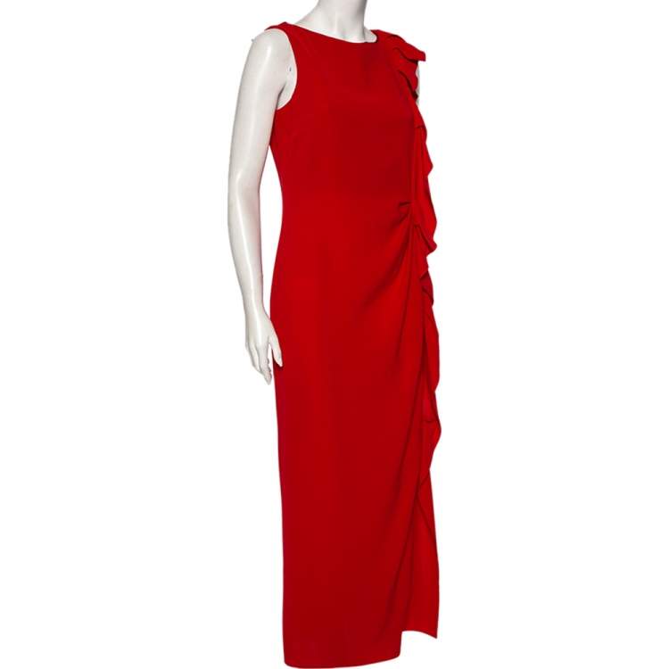 Pre Owned CH Carolina Herrera Red Crepe Ruffle Detail Sleeveless Maxi Dress M