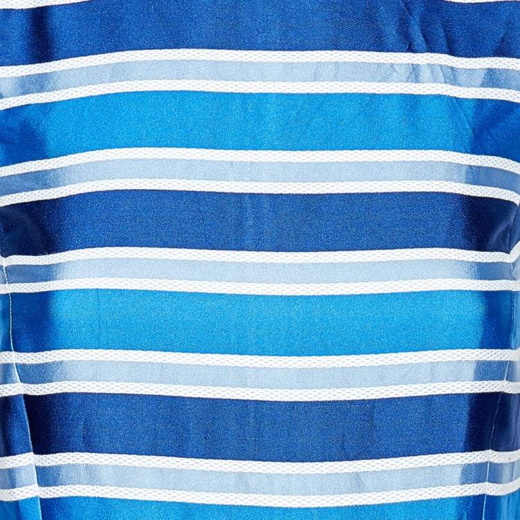 Pre Owned CH Carolina Herrera Blue Striped Silk Sleeveless Pleated Dress M