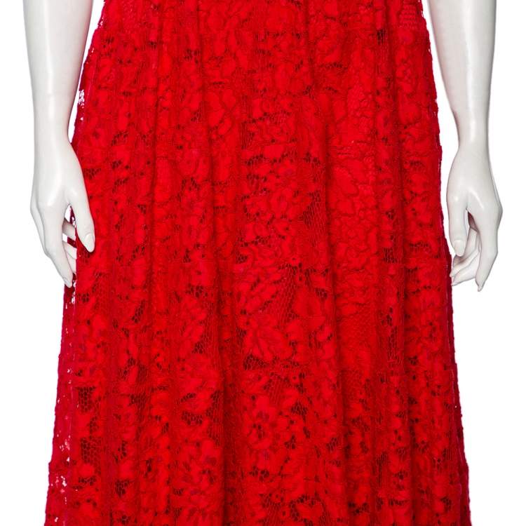 Pre Owned CH Carolina Herrera Red Floral Lace Sleeveless Maxi Dress M
