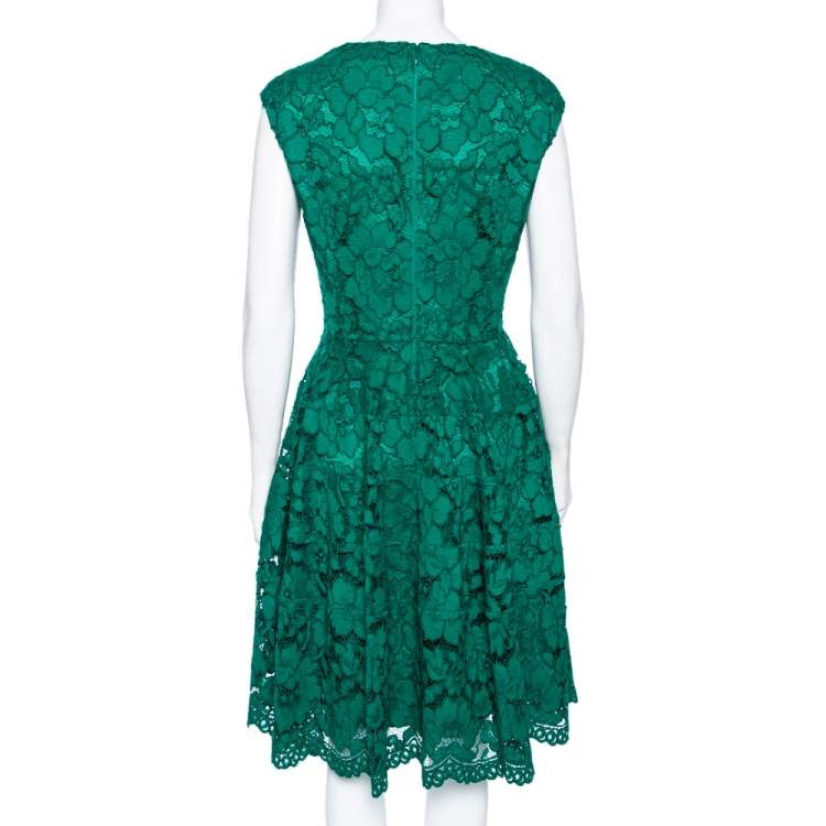 Pre Owned CH Carolina Herrera Green Lace Paneled Sleeveless Sheath Dress L