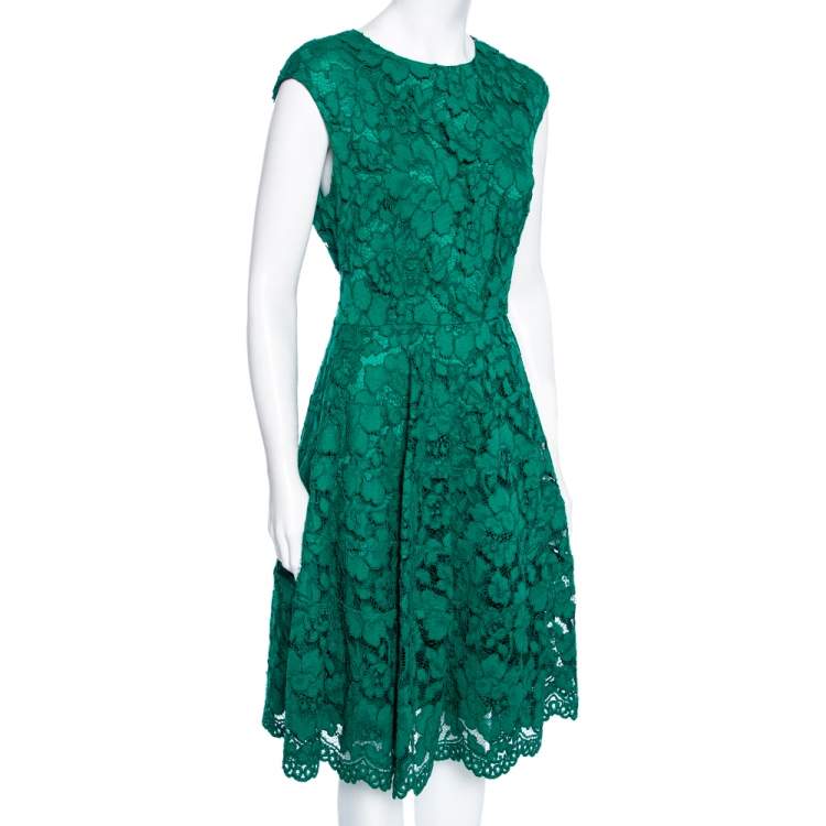 Pre Owned CH Carolina Herrera Green Lace Paneled Sleeveless Sheath Dress L