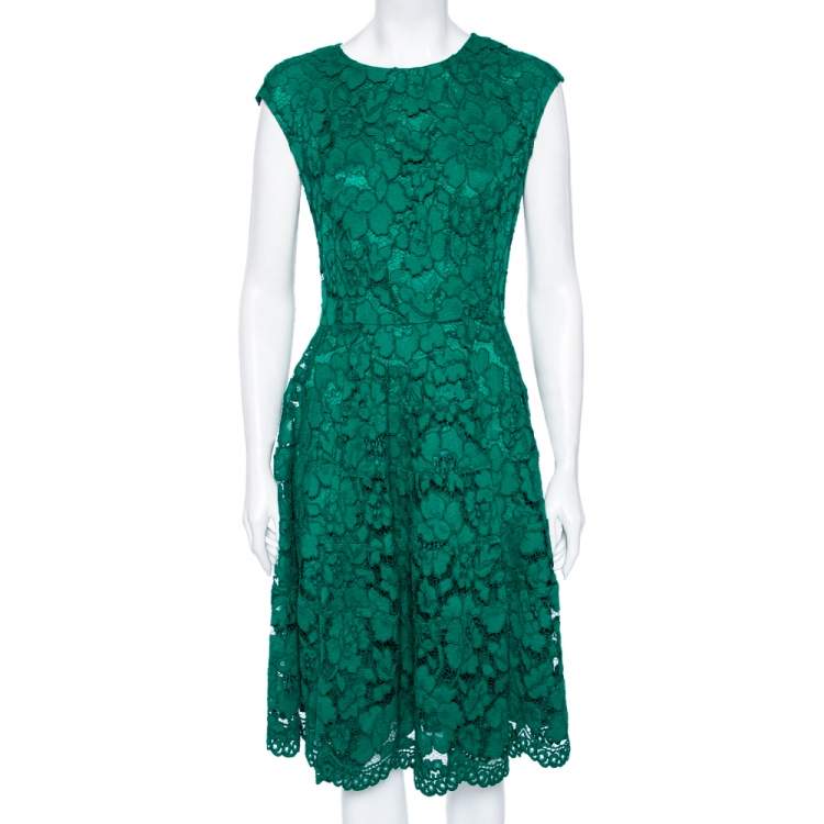 Pre Owned CH Carolina Herrera Green Lace Paneled Sleeveless Sheath Dress L
