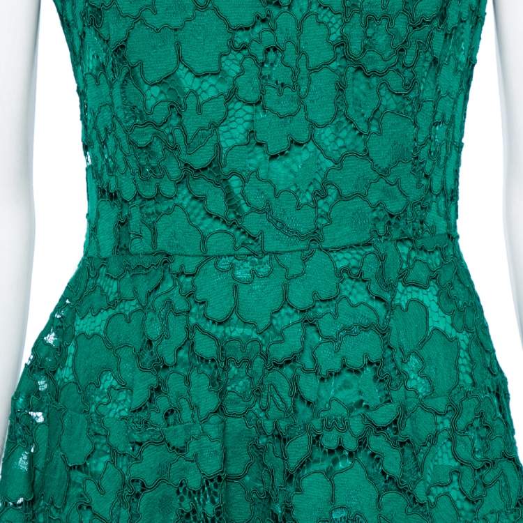 Pre Owned CH Carolina Herrera Green Lace Paneled Sleeveless Sheath Dress L