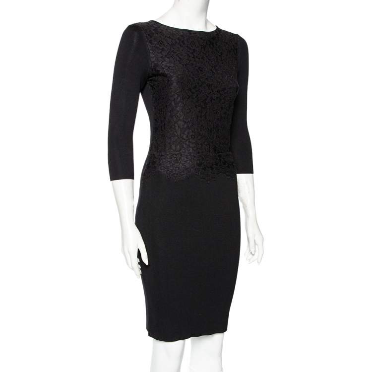 Pre Owned CH Carolina Herrera Black Knit Floral Lace Overlay Pencil Dress S