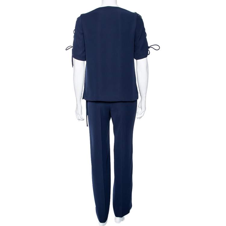Pre Owned CH Carolina Herrera Navy Blue Crepe Tie-Up Detailed Suit Set M