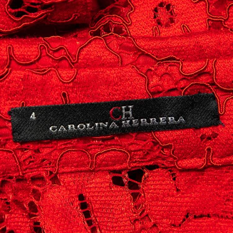 Pre Owned CH Carolina Herrera Red Lace Ruffle Hem Button Front Shirt S