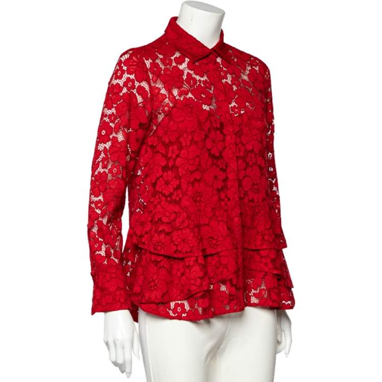 Pre Owned CH Carolina Herrera Red Lace Ruffle Hem Button Front Shirt S