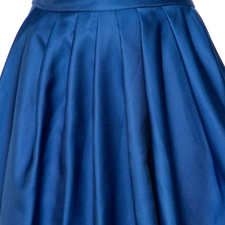Pre Owned CH Carolina Herrera Royal Blue Taffeta Pleated Front Detail Asymmetric Hem Maxi Skirt M