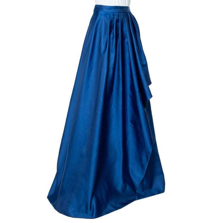 Pre Owned CH Carolina Herrera Royal Blue Taffeta Pleated Front Detail Asymmetric Hem Maxi Skirt M