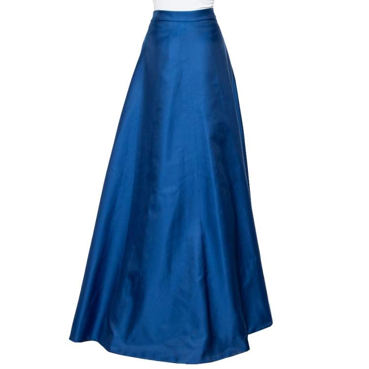 Pre Owned CH Carolina Herrera Royal Blue Taffeta Pleated Front Detail Asymmetric Hem Maxi Skirt M