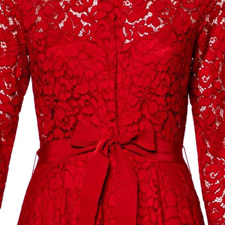 Pre Owned CH Carolina Herrera Red Floral Lace Buttoned Maxi Shirt Dress S