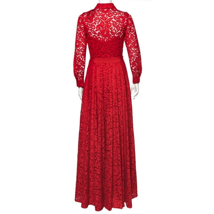 Pre Owned CH Carolina Herrera Red Floral Lace Buttoned Maxi Shirt Dress S