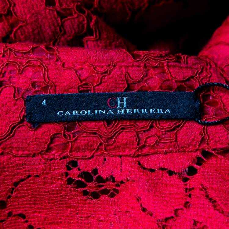 Pre Owned CH Carolina Herrera Red Floral Lace Buttoned Maxi Shirt Dress S