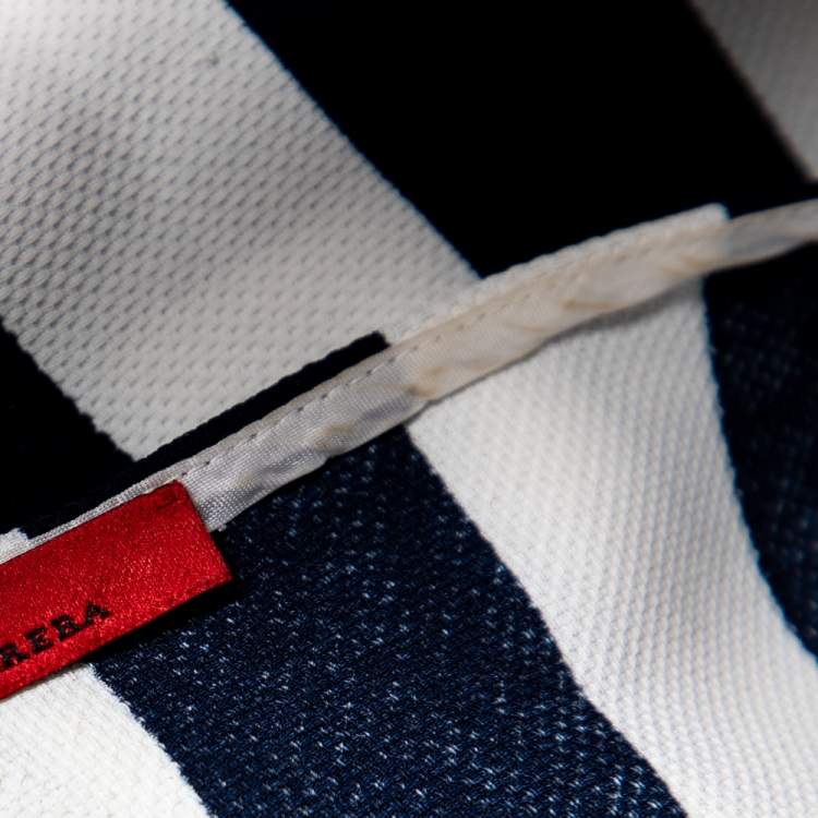 Pre Owned CH Carolina Herrera Navy Blue & White Stripe & Polka Dot Printed Textured Belted Dress S